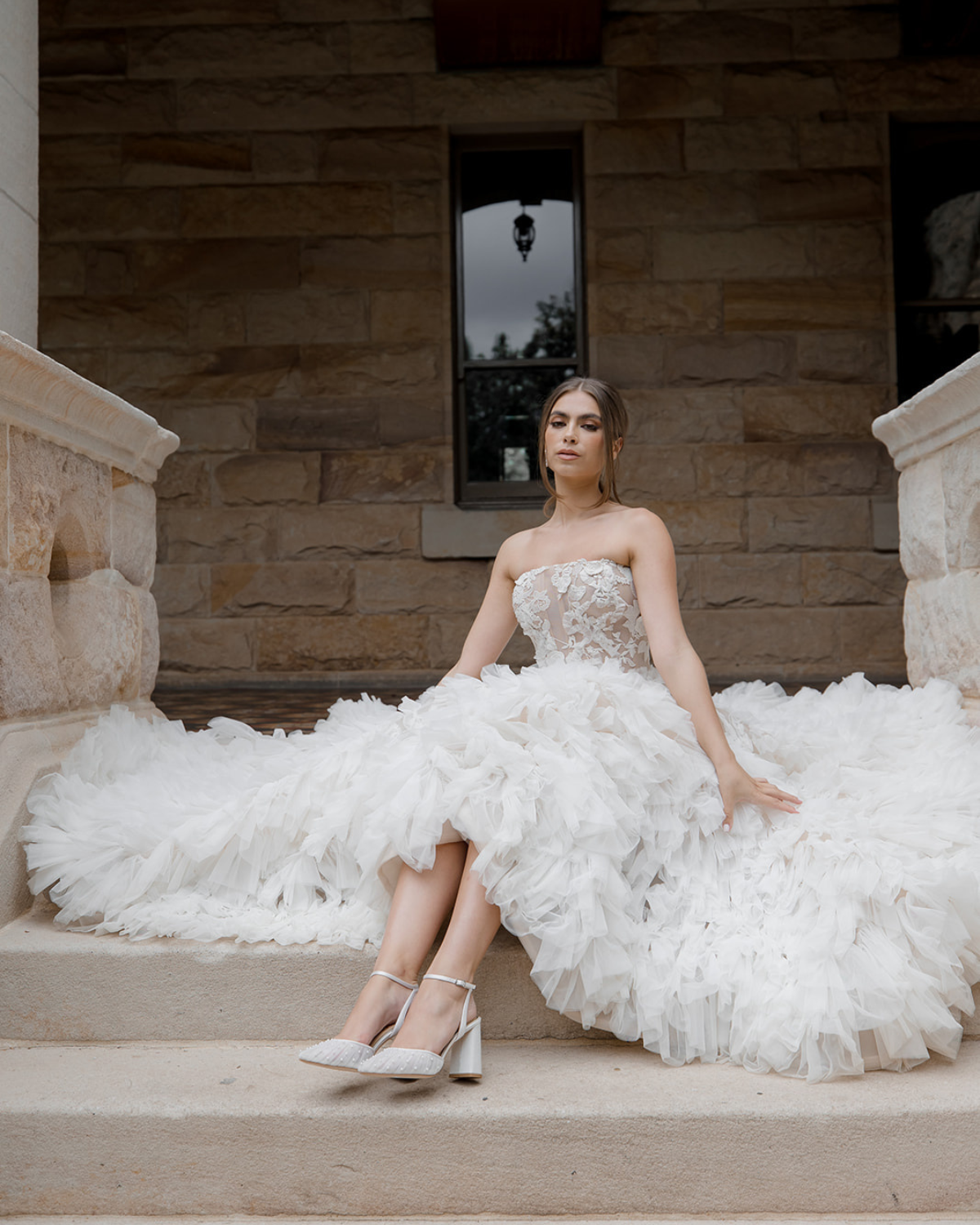 Elle - White Tulle Block Heeled Point with Handsewn Pearls