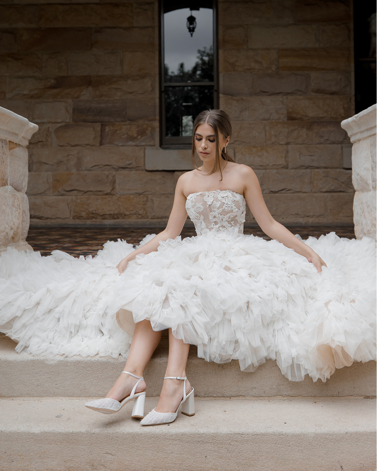 Elle - White Tulle Block Heeled Point with Handsewn Pearls