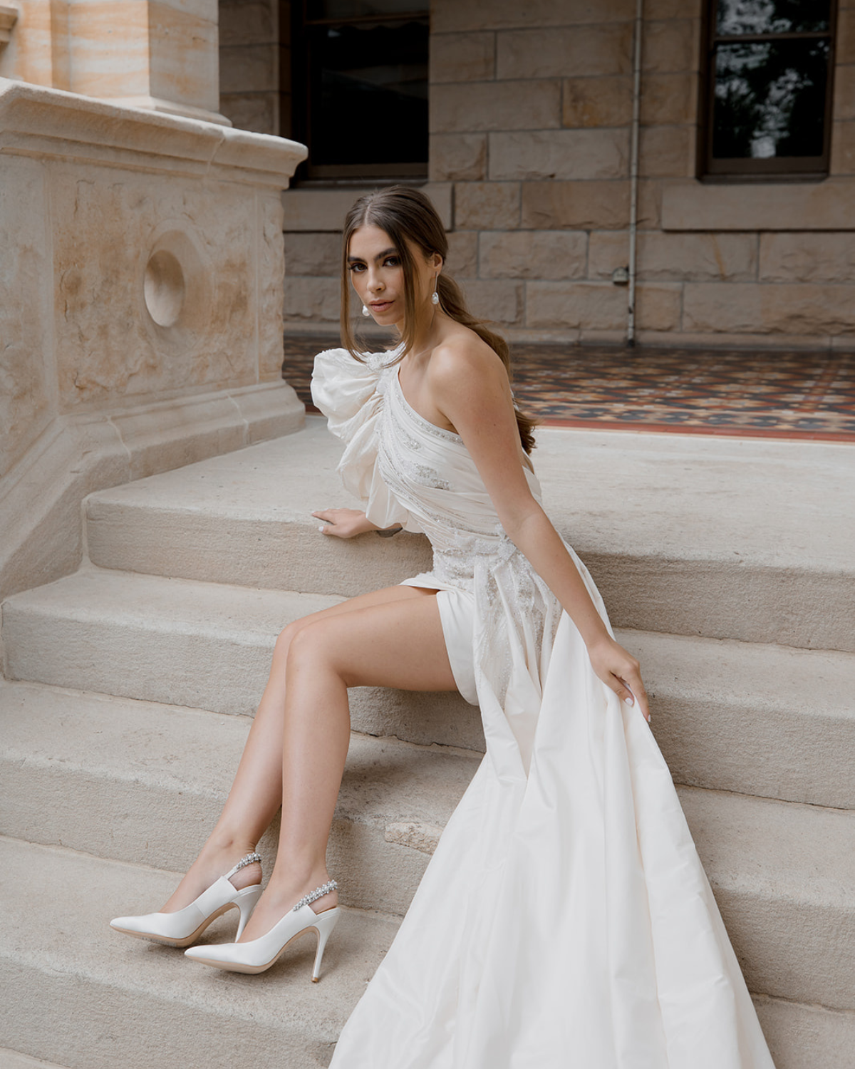 Bonnie Pearl - White Pearl & Crystal Embellished Sling Back Bridal Pump