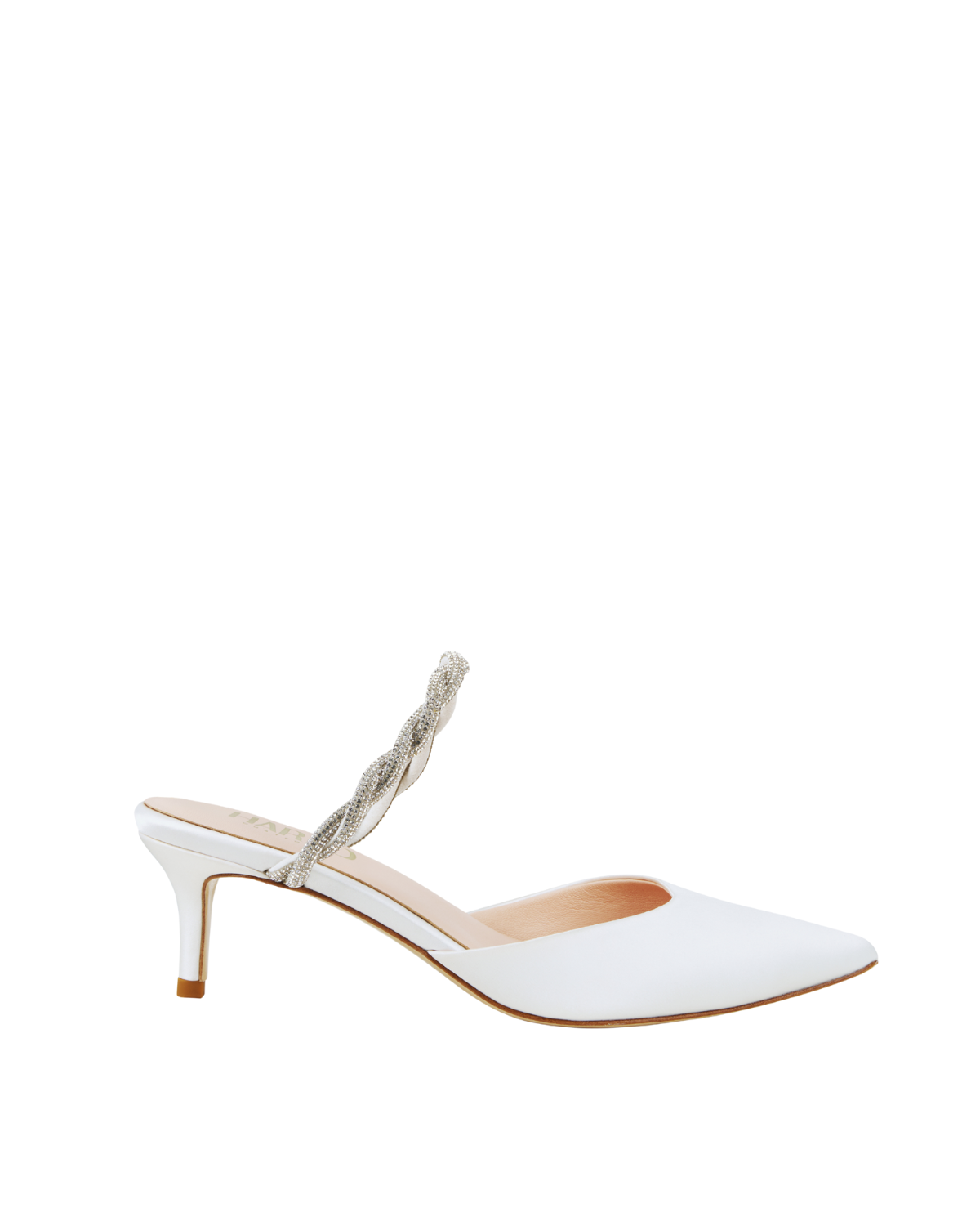 Frankie - Pointed Toe Mule with Braided Crystal Strap - Ivory Silk Satin