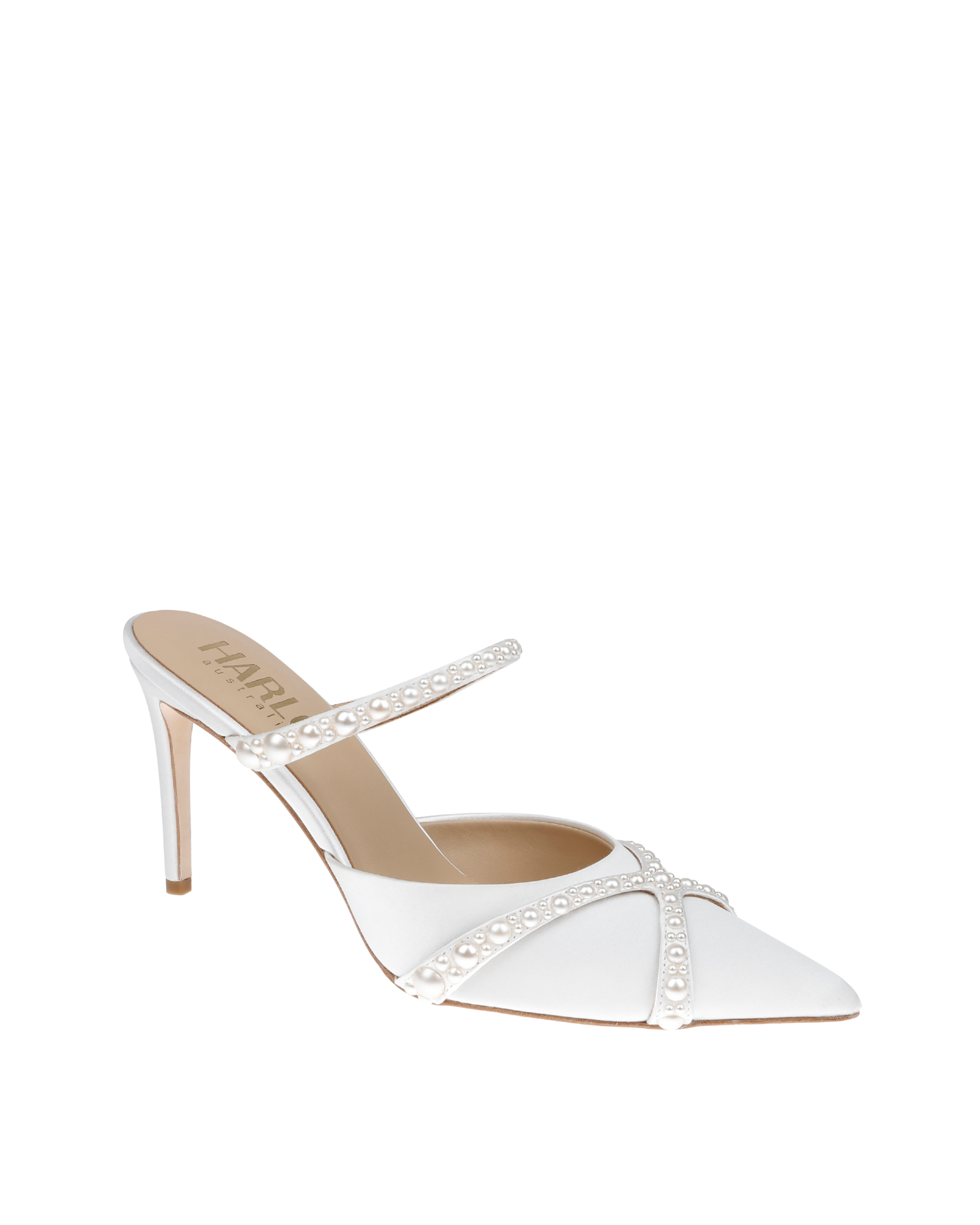 Grace - Pearl Embellished Stiletto Mule Heels - Soft White
