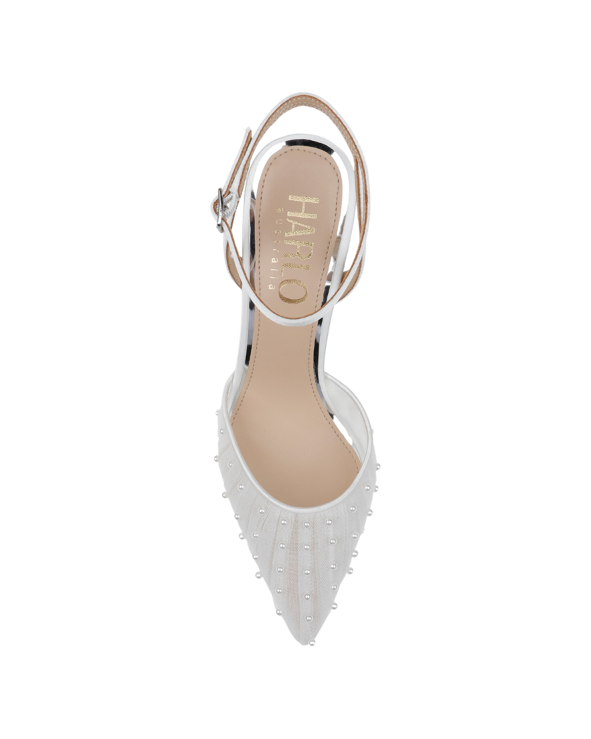 Elle - White Tulle Block Heeled Point with Handsewn Pearls