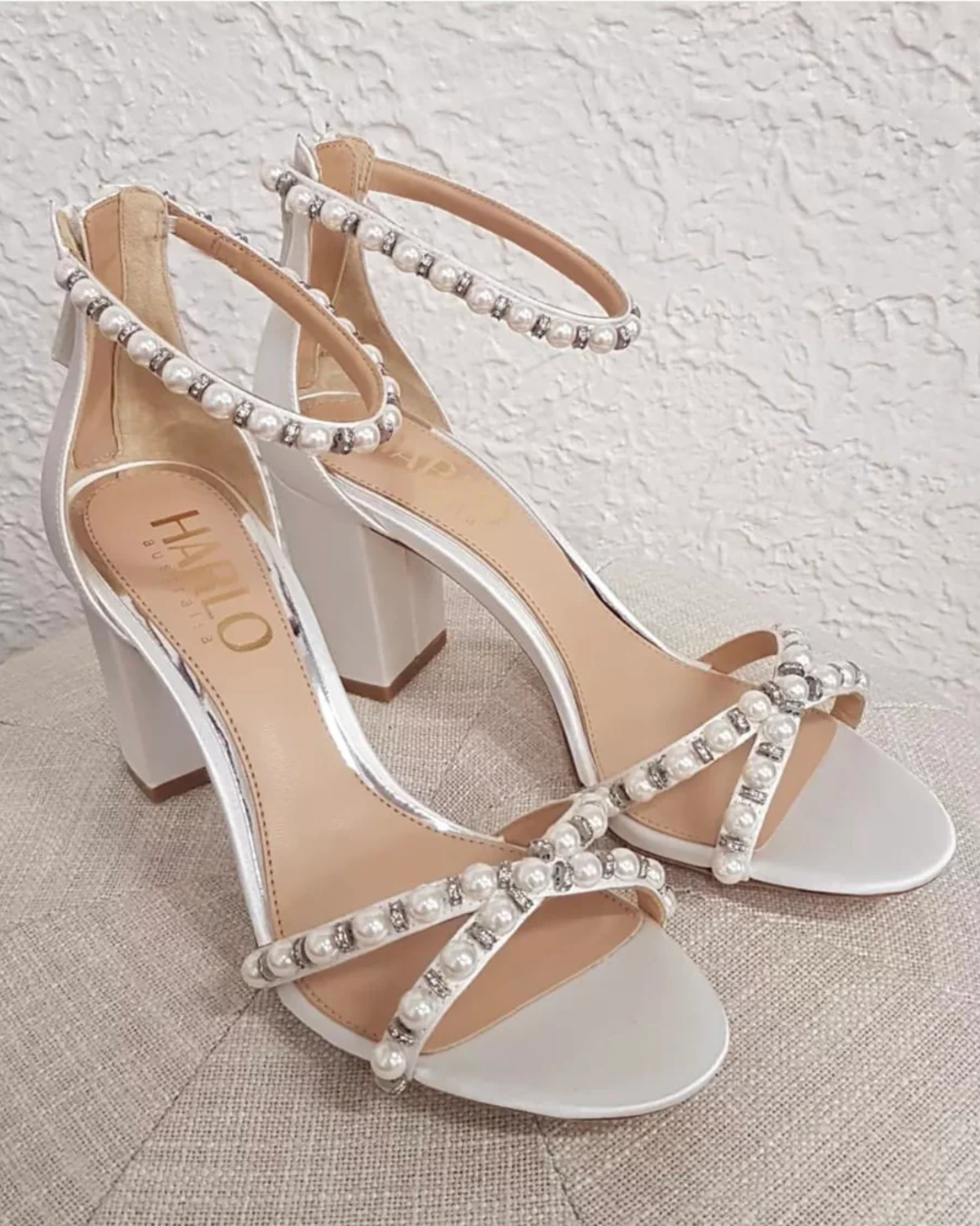 Alexene - White Pearl Low Block Bridal Heel