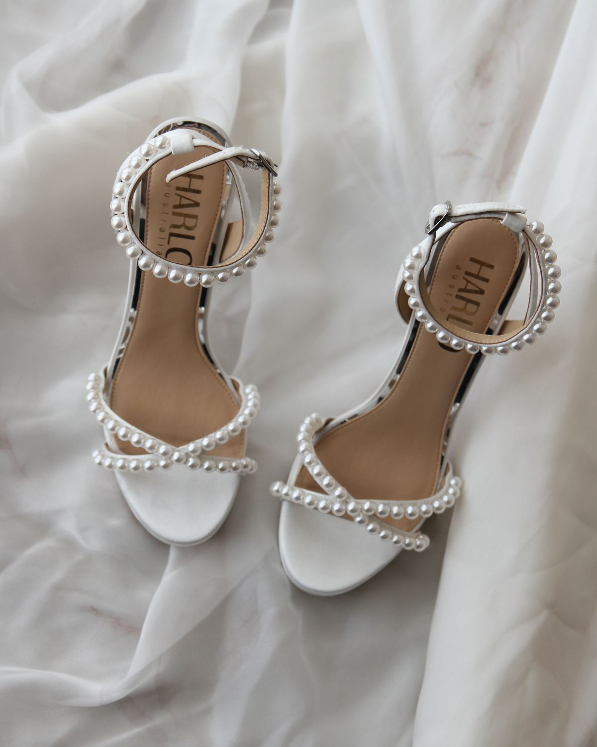 Eva - White Platform Pearl High Block Bridal Heel