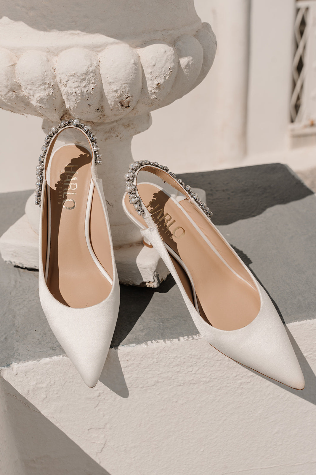 Nina Pearl - White Pearl & Crystal Embellished Sling Back Low Bridal Pump