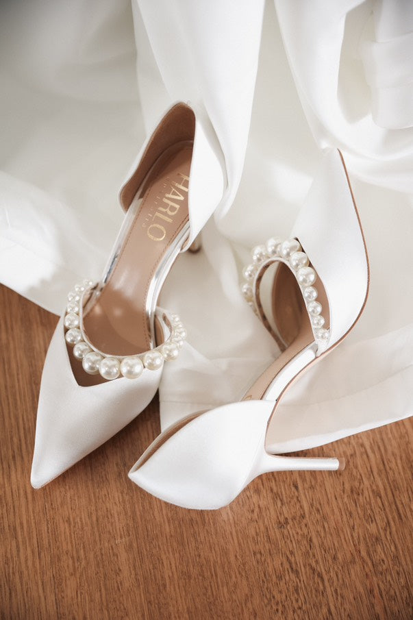 Emma - D'Orsay Pointed Toe High Heels with Pearl Strap - Soft White