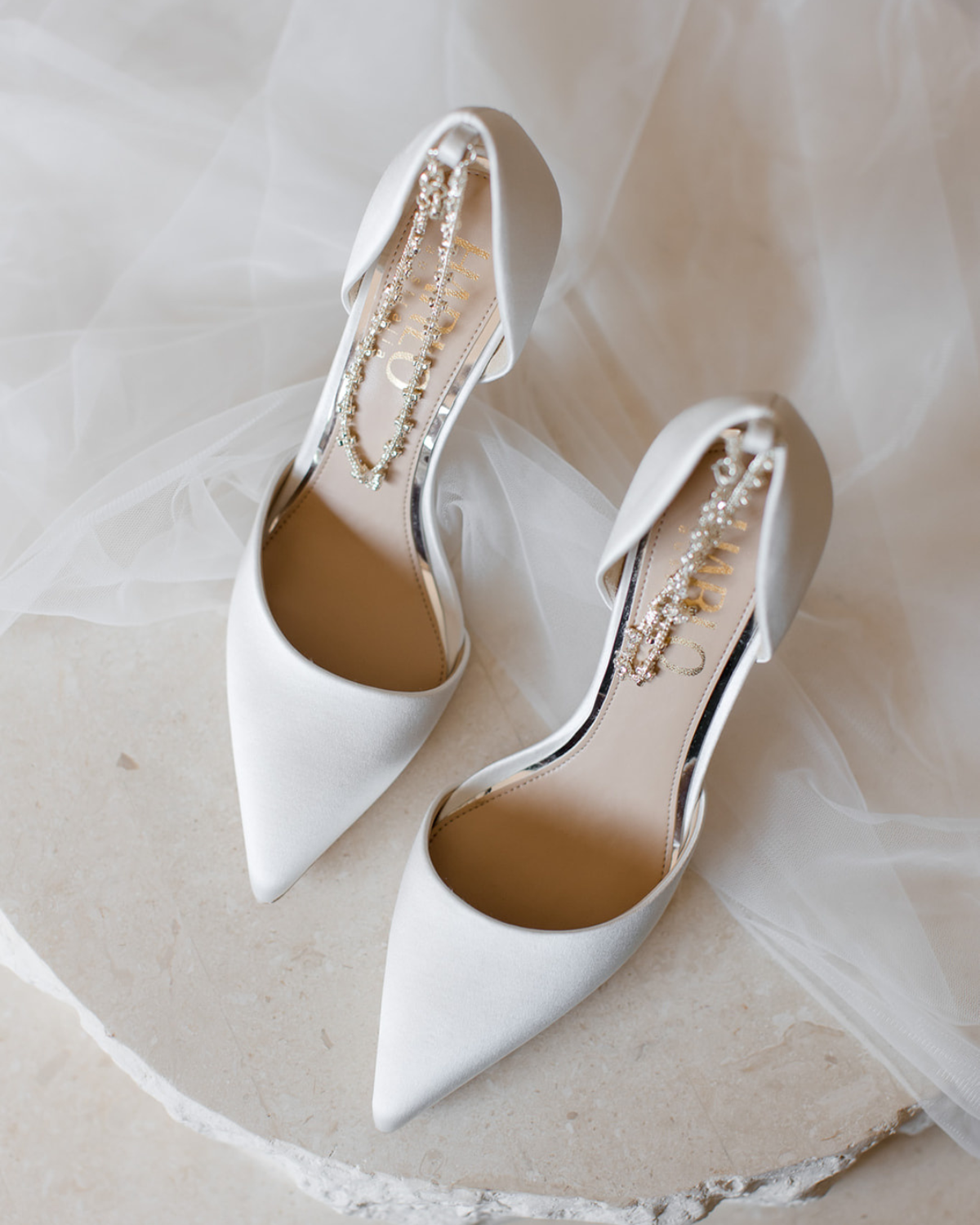 Daniela Satin Pointed Toe Stiletto With Ankle Bracelet Soft White