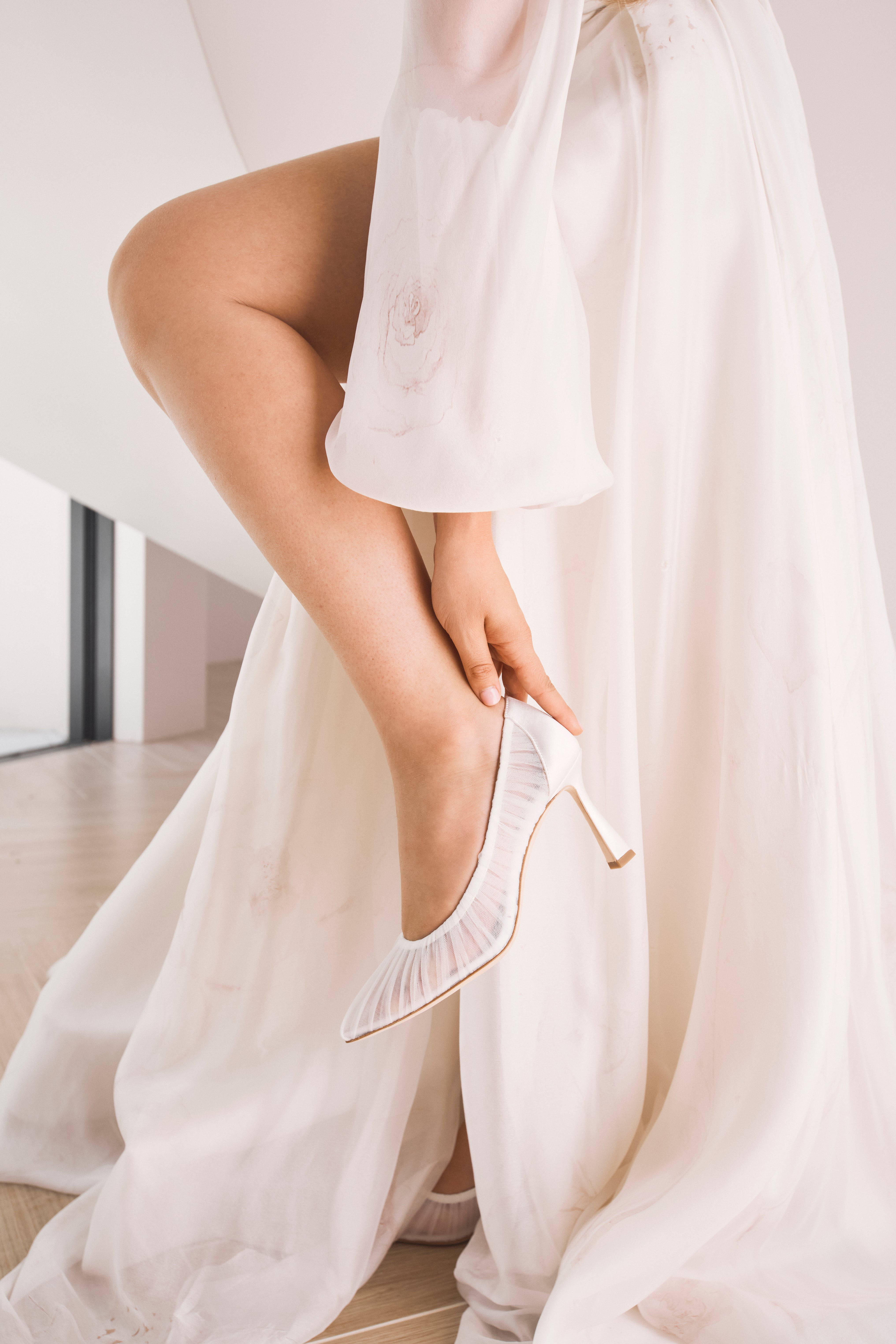 Glinda - Pleated Tulle Bridal Stiletto Heels - Soft White