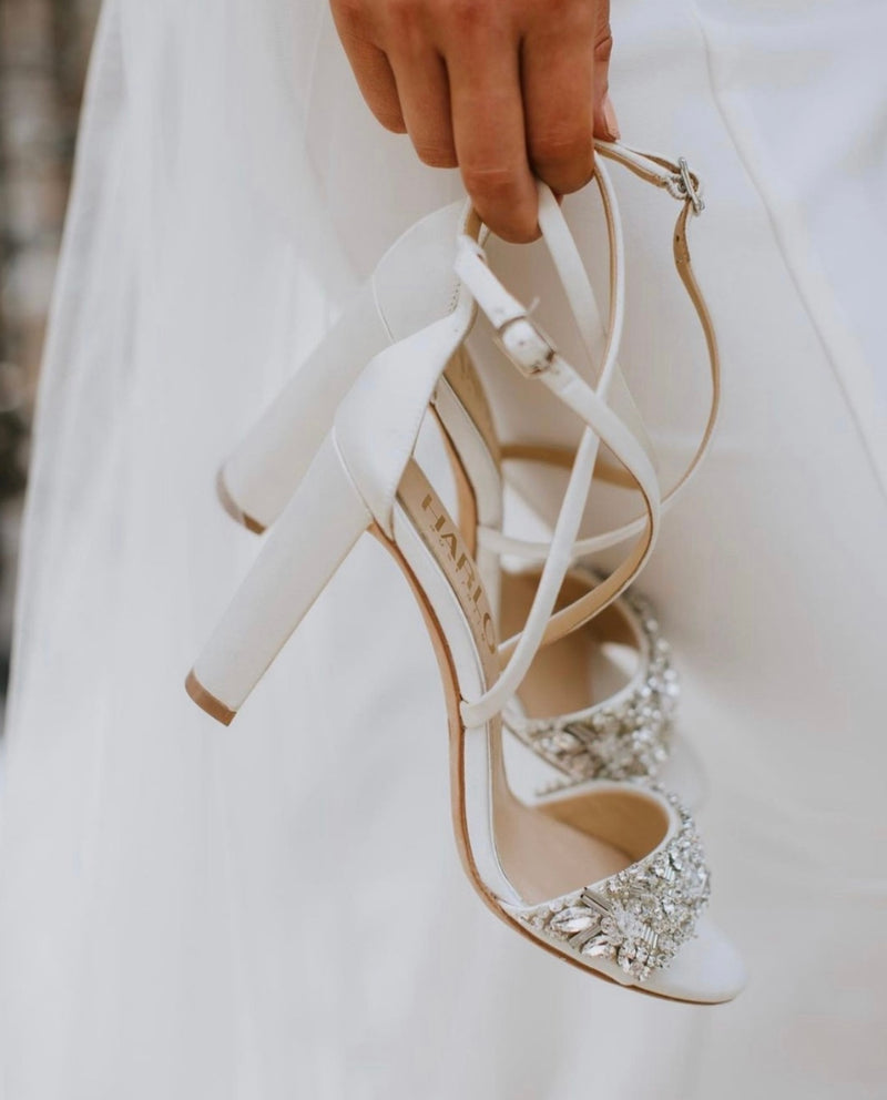 Audrey - White Crystal Embellished Bridal Block Heel