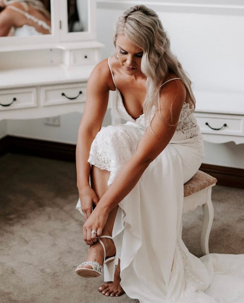 Audrey - White Crystal Embellished Bridal Block Heel